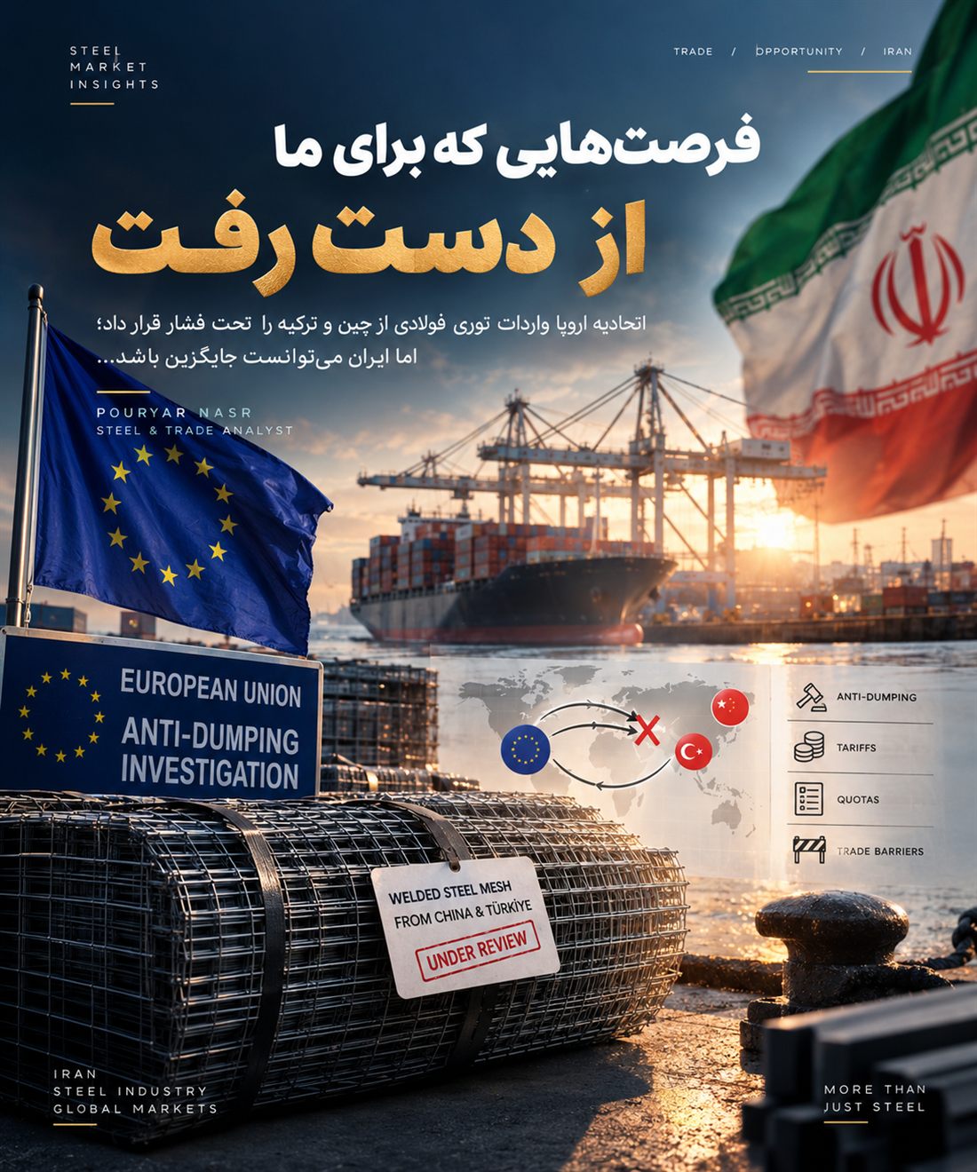 پوستر تحلیلی درباره تحقیقات ضددامپینگ اتحادیه اروپا علیه واردات توری فولادی جوش‌داده‌شده از چین و ترکیه و فرصت احتمالی برای ایران